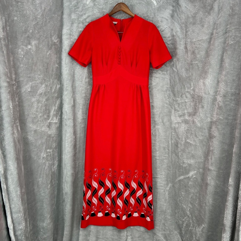 Vintage Martha Manning Original Red V-Neck Maxi Dress Black and White Embroidery